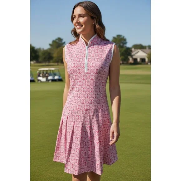 Sigrid Olsen Pink White Pleated Tennis Golf Mini Dress W Shorts Mandala M NWOT - Picture 1 of 11